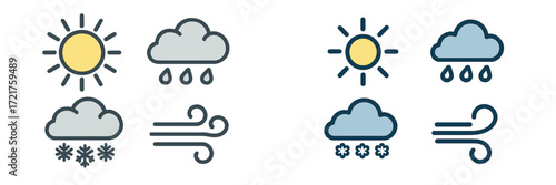 Weather symbols representing sun, rain, snow, and wind in a simple graphical style