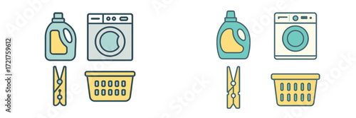 Laundry items arranged neatly with washing machine, detergent bottles, and clothespins ready for use in a tidy workspace