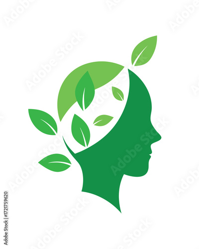 Green silhouette of a human head with leaves growing out of it