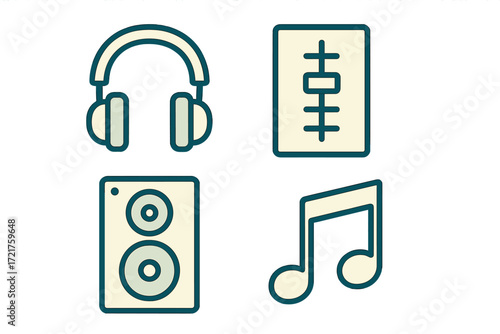 Creative design elements featuring headphones, speakers, music notes, and sound wave patterns for music lovers