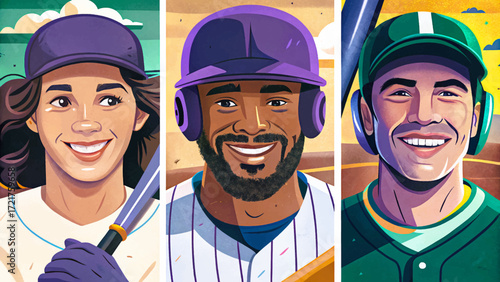 Cartoon vector of girl and boy baseball players hitting ball, sporty competition, athletic energy, youth team sports concept.