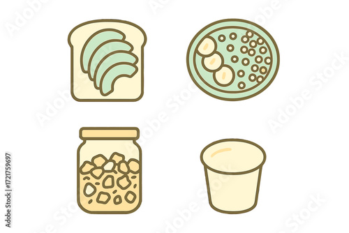 Variety of food items including bread with avocado, bowl of cereal, jar of honey, and cup for serving
