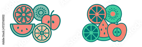 Colorful fruit illustrations featuring slices of watermelon, apple, kiwi, and citrus in a playful arrangement