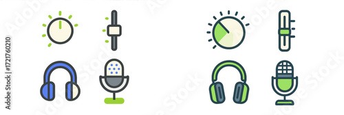 Stylized graphic of audio equipment symbols including headphones, microphones, and sound controls designed for digital media use