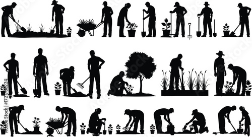 Gardening people silhouette vector illustration showing various activities with tools, planting, watering, digging, raking, wheelbarrow, outdoor work, horticulture design