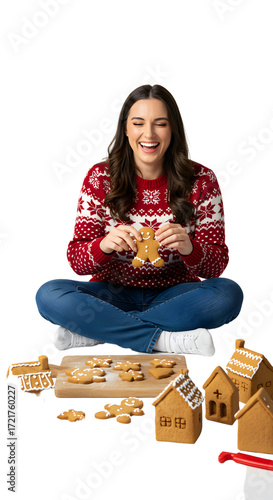 Happy woman in Christmas sweater making gingerbread cookies and houses, festive baking and holiday joy, perfect for Christmas content