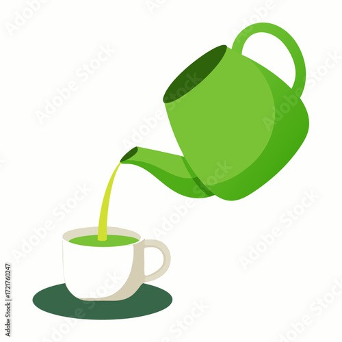 Pouring green tea into a white cup vector on white background.