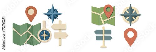 Navigation icons and map symbols for digital design in various shapes and colors