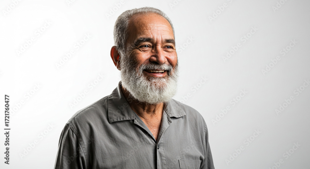 Fototapeta premium A joyful portrait of an elderly man with a gray beard, looking to the side with a warm smile on his face
