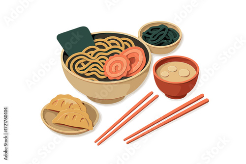 Colorful ramen bowl with dumplings and miso soup on a simple table setting