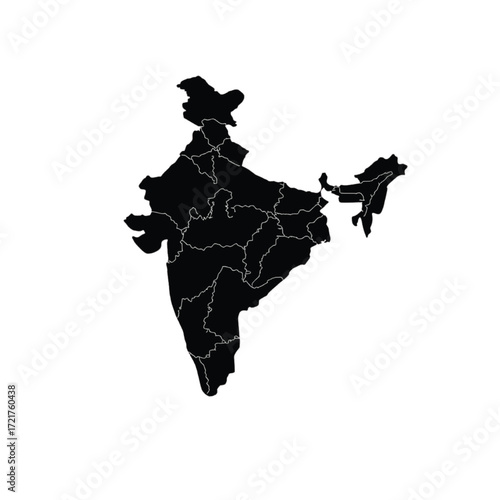 Black silhouette of India map with internal state borders