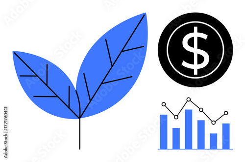 Blue leaves, dollar icon, and line chart convey themes of eco-business, finance, sustainable growth, and eco-friendly economy. Ideal for investment, analysis, ecology innovation progress