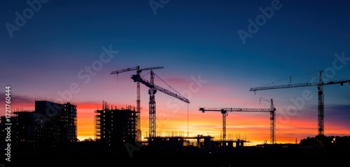 The construction cranes silhouetted against a vibrant sunset over urban building site