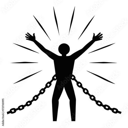 Person breaking free from chains symbolizing freedom and empowerment with light rays