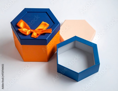 Two hexagons gift boxes, one open, orange and blue