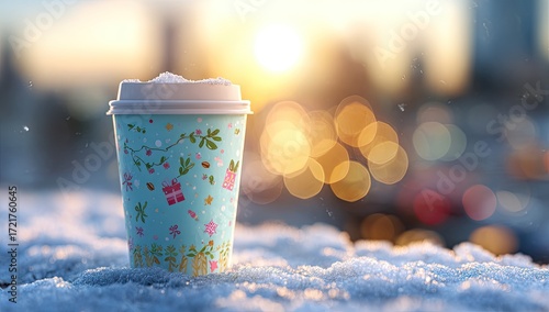 A coffee cup on snow at sunset