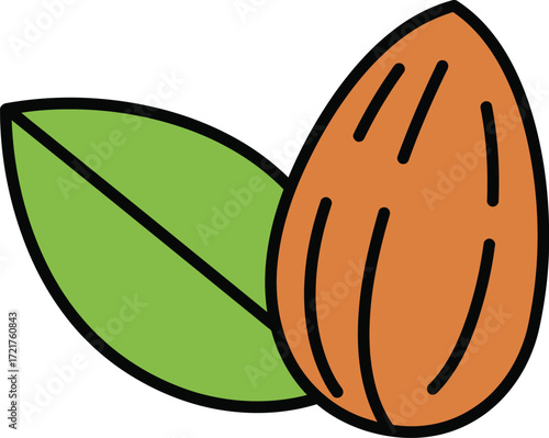 Vector illustration of a single almond nut with green leaves scalable graphic