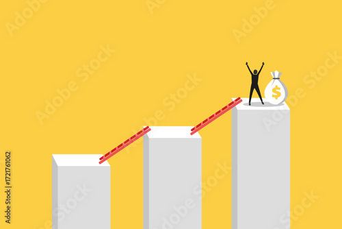 Businessman get bag money on the top. concept of challenging and reaching goals or targets