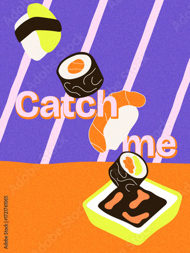 Funky vibrant poster for a sushi restaurant. Dynamic retro design for japanese food restaurant