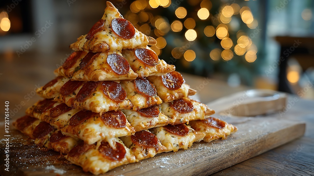 Fototapeta premium Pepperoni pizza christmas tree stack isolated on white background