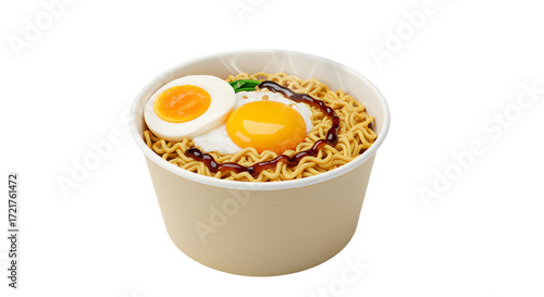 Instant ramen noodles with fried egg and boiled egg in a disposable bowl, delicious fast food meal perfect for quick lunches or snacks