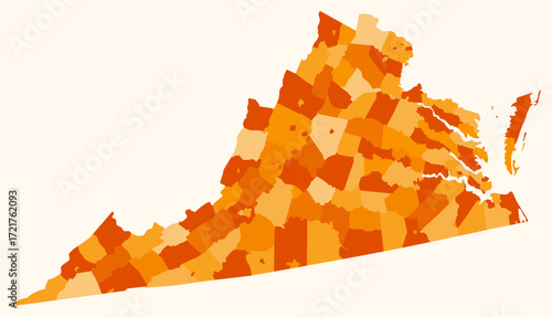 Map of Virginia with counties. Just a simple state border map with county division. Orange color palette. Blank Commonwealth of Virginia shape with administrative division. Vector illustration.