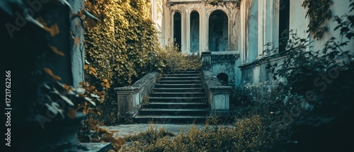 Overgrown stone staircase to old building entrance dark tones lush ivy historical architecture mystery vintage