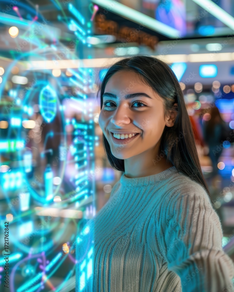 Naklejka premium Smiling Young Woman Using AI Holographic Shopping Assistant in Modern Mall - Futuristic Retail Technology Concept