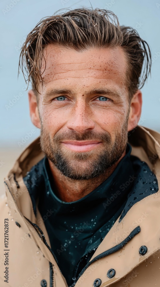 Fototapeta premium Smiling young caucasian male outdoors in rain jacket