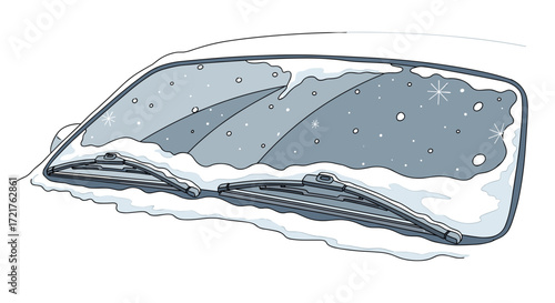 Snowy car windshield with wipers in vintage illustration style