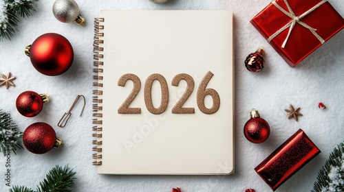Festive christmas decoration with 2026 notebook and red ornaments on snowy background