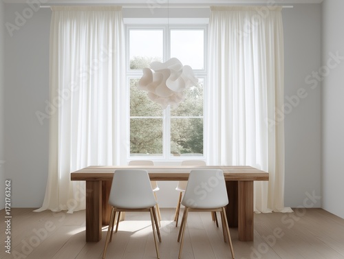 Modern dining room with a large window in the center. the window has white curtains that are open, allowing natural light to enter the room.