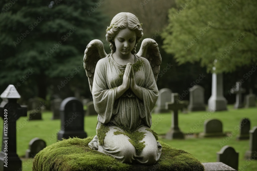 Obraz premium Engelstatue auf Grabstein in einem Friedhof, symbolisiert Trauer und Gedenken