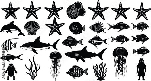 Silhouette marine life vector illustration with fish, dolphins, shark, jellyfish, shells, seaweed, ocean animals, underwater wildlife, aquatic nature design