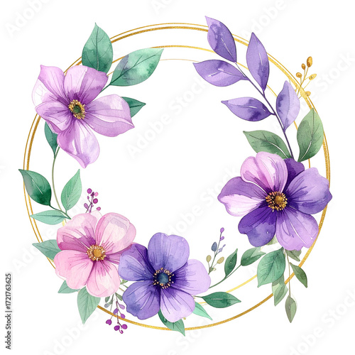 Floral wreath in gold frame,  pastel purples and pinks.  Delicate flowers and leaves arranged in a circle,  with a golden outline
