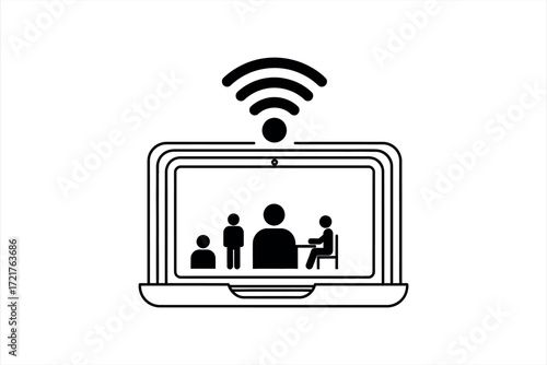 Black and white icon of laptop screen showing people in video conference with wifi signal figures