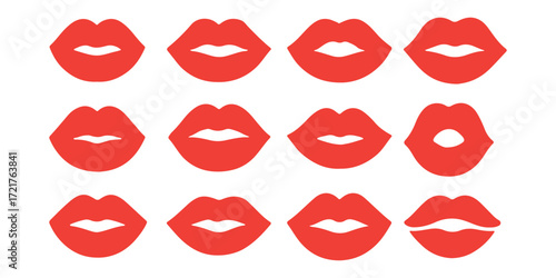 Icons of female lips. Girl mouth close up expressing different emotions symbol collection. Vector illustration