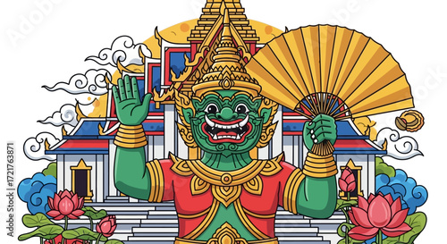 Green Giant Guardian Holding a Fan in Traditional Attire.