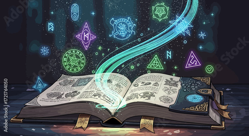 Open ancient magic book with glowing runes.