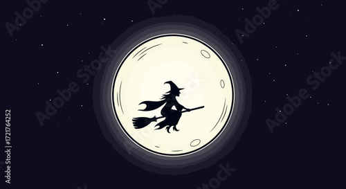 Witch flying on a broomstick against the full moon.