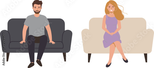 Cartoon man and woman sitting separately on couches, indoor lifestyle illustration, relationship concept, modern living room, emotional distance, contrast