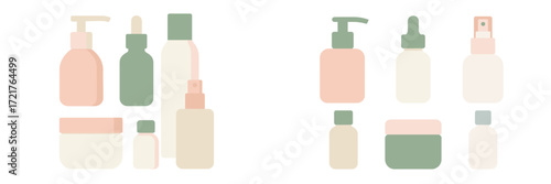 Collection of modern skincare and beauty products arranged neatly on a white background for an aesthetic display