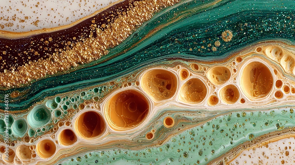 Obraz premium Amber and Moss Fluid Ink Marbling with Gold Glitter