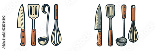 Kitchen utensils collection featuring knives, spatulas, whisks, and ladles arranged for cooking preparation