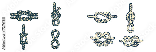 Different types of knots illustrated with detail in line art style for educational purposes