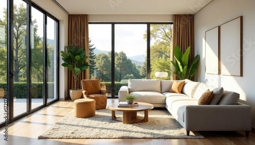 Sun-drenched living room with large windows, plush furniture, and stylish decor Perfect for home design, interior design, and real estate websites , furniture, style