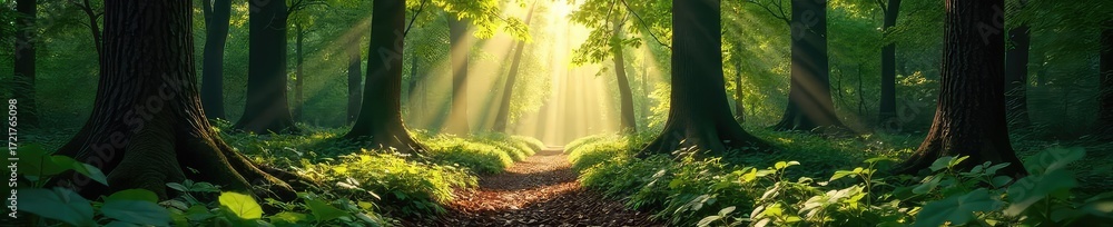 Fototapeta premium Sunlit Forest Floor Intricate Shadow Patterns & Leaf Textures in Autumn