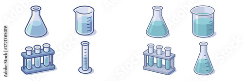 Laboratory glassware collection used for scientific experiments with different water levels and shapes arranged neatly on a white background