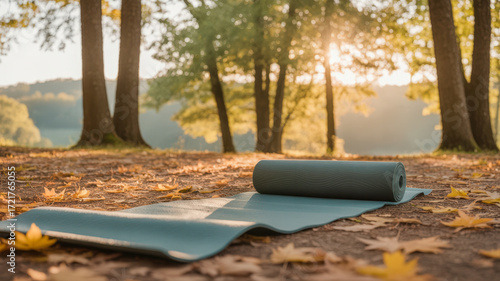 A yoga mat is laid out on the ground in a park, surrounded by fallen autumn leaves and trees bathed in warm sunlight.