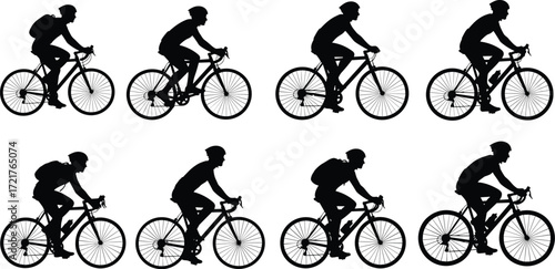 Silhouettes of cyclist riding bicycle with backpack and helmet in various pedaling positions, sports motion sequence, outdoor transportation vector illustration